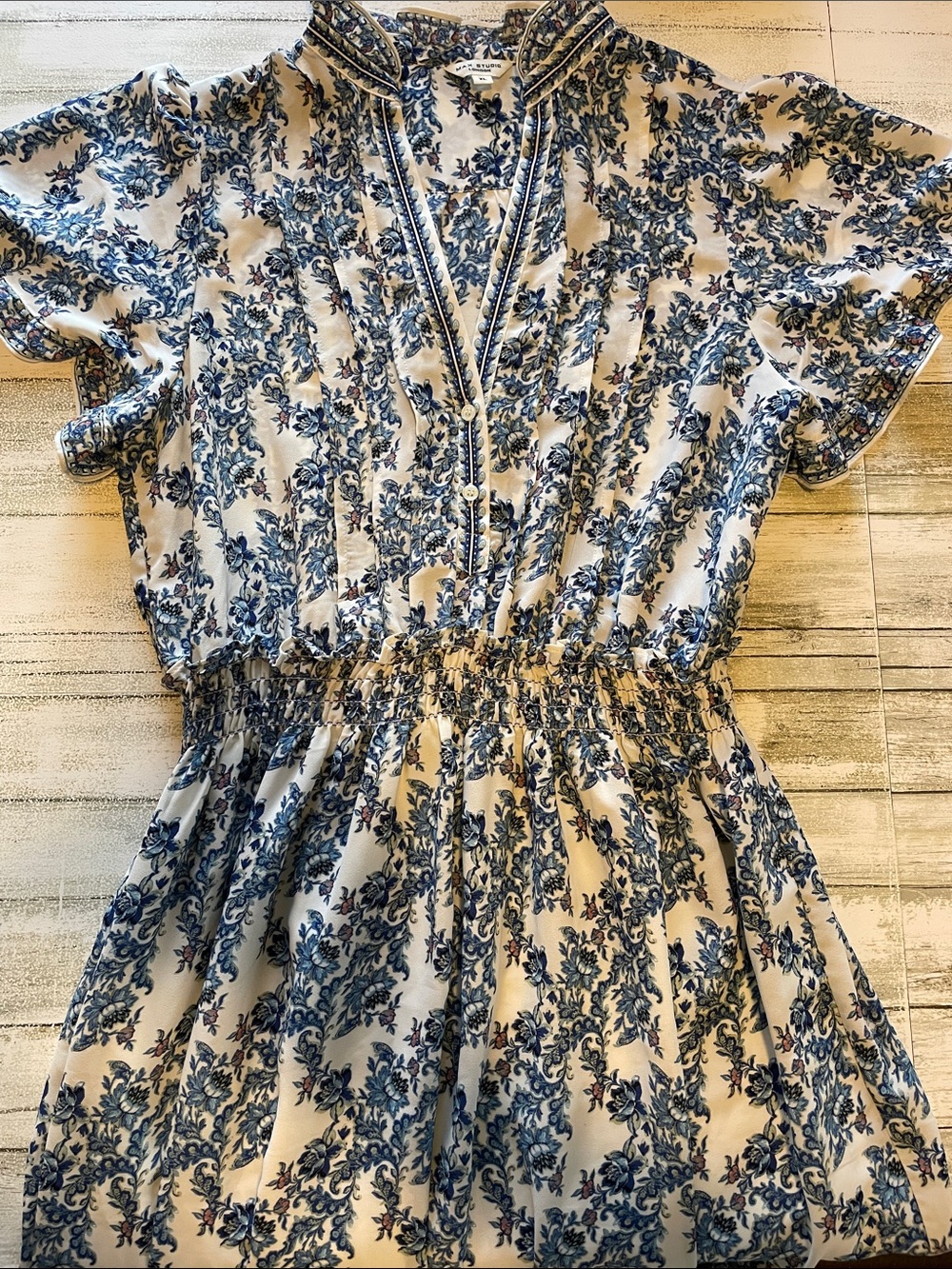 Max Studio Romantic Blue Rose Print Frill Tiered Maxi Dress with Lining